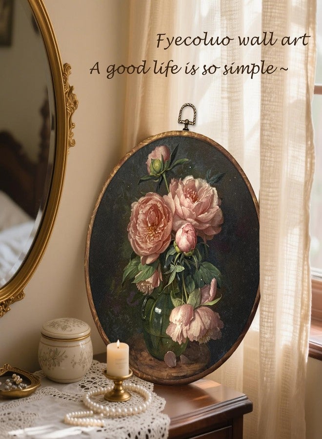 HUGANE Vintage Moody Peony Floral Round Wall Art Decor, Dark Cottagecore Shabby Chic Floral Hanging Canvas Framed Prints Wall Sculptures for Home Bedroom Living Room Decor, 10x10 Inch - Image 4